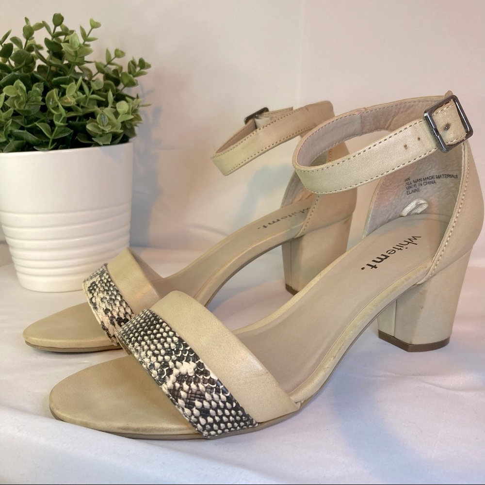 🤎👡Cream and Snake Skin Print Sandal Round Heels- “White Mt.”👡🤎